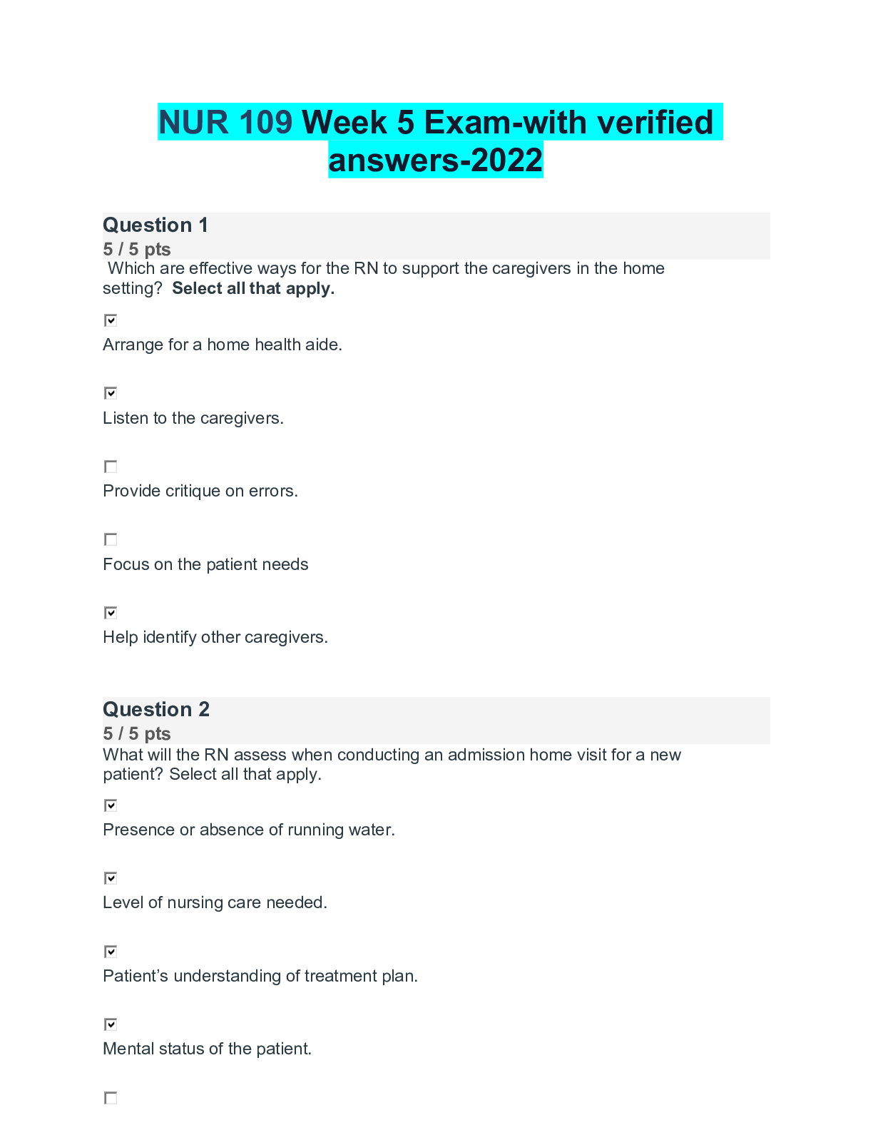 Preview of NUR 109 Week 5 Exam-with verified answers-2022